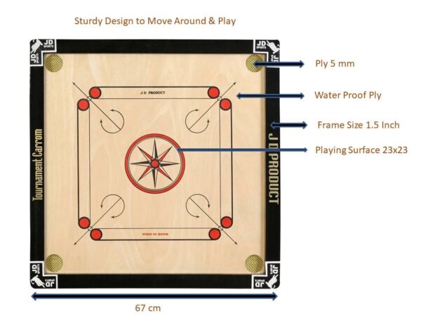 JD Sports Water Proof Dull Tournament 26 inch Medium Carrom Board With Coins - Image 5